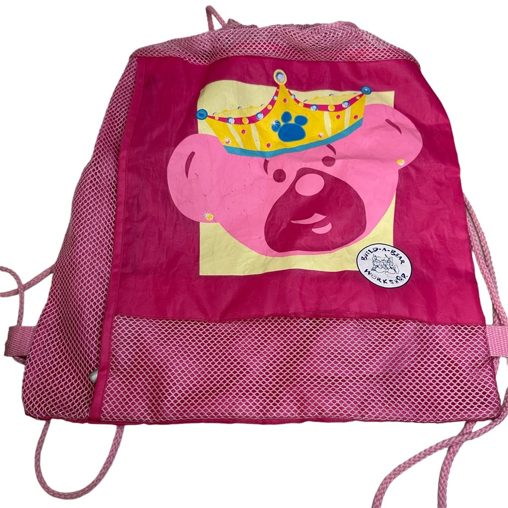 Build a Bear Pink Drawstring Mesh Cinch Bag Bear Backpack Birthday 15 x 18 inch